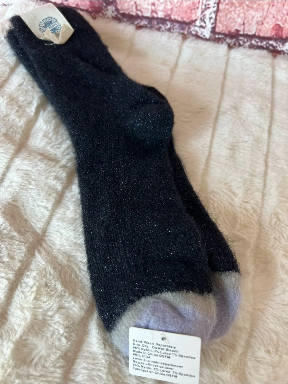 Free People Black Fuzzy Lilac Blue Sparkle Shimmer Crew Socks NWT